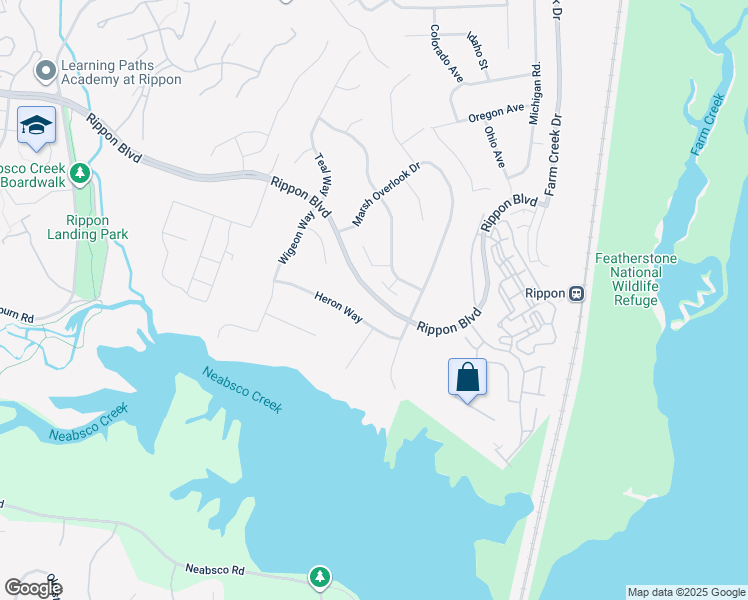 map of restaurants, bars, coffee shops, grocery stores, and more near 1601 Rippon Boulevard in Woodbridge