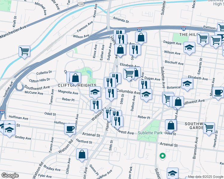 map of restaurants, bars, coffee shops, grocery stores, and more near Hampton Ave & Columbia Ave in St Louis