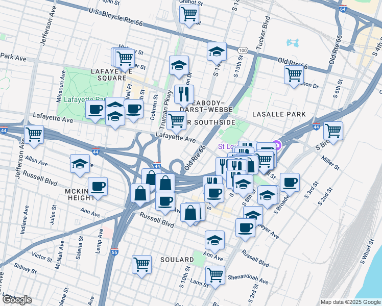 map of restaurants, bars, coffee shops, grocery stores, and more near 1211 Soulard Street in Saint Louis