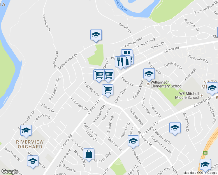 map of restaurants, bars, coffee shops, grocery stores, and more near 10680 Coloma Road in Rancho Cordova