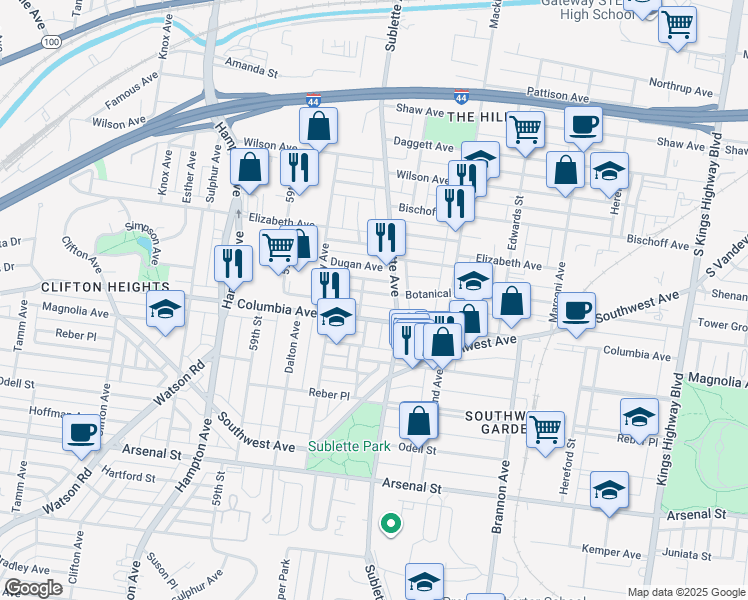 map of restaurants, bars, coffee shops, grocery stores, and more near 5605 Botanical Avenue in St. Louis
