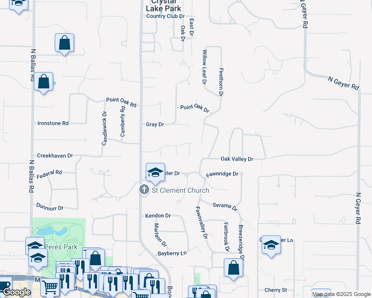 map of restaurants, bars, coffee shops, grocery stores, and more near 13 Briarbrook Trail in Des Peres