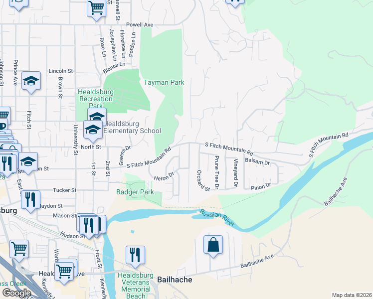 map of restaurants, bars, coffee shops, grocery stores, and more near 963 South Fitch Mountain Road in Healdsburg
