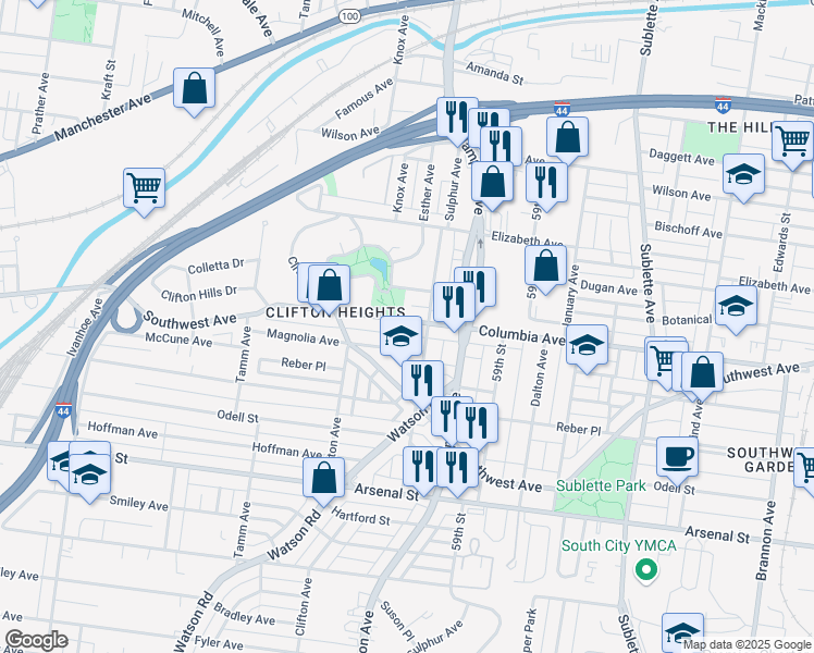map of restaurants, bars, coffee shops, grocery stores, and more near 6022 Columbia Avenue in St. Louis