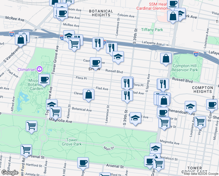 map of restaurants, bars, coffee shops, grocery stores, and more near 4012 Flora Place in St. Louis