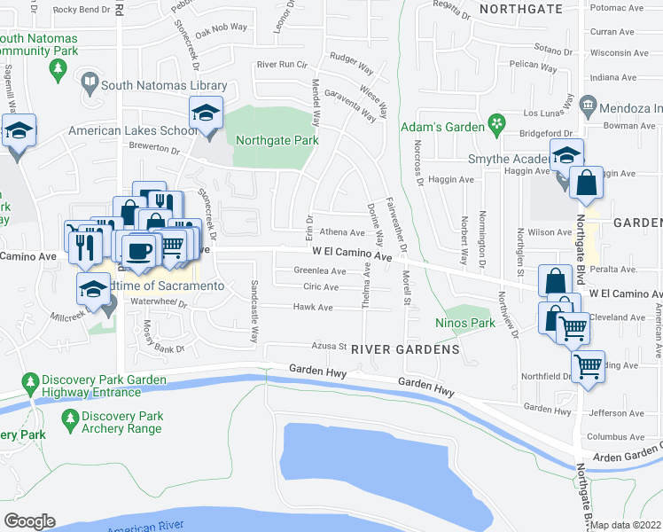 map of restaurants, bars, coffee shops, grocery stores, and more near 1143 Greenlea Avenue in Sacramento