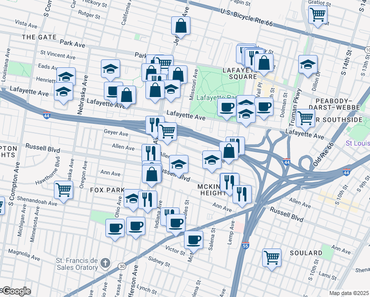 map of restaurants, bars, coffee shops, grocery stores, and more near 2152 Geyer Avenue in St. Louis
