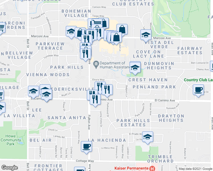map of restaurants, bars, coffee shops, grocery stores, and more near 2799 Castle Hill Court in Sacramento