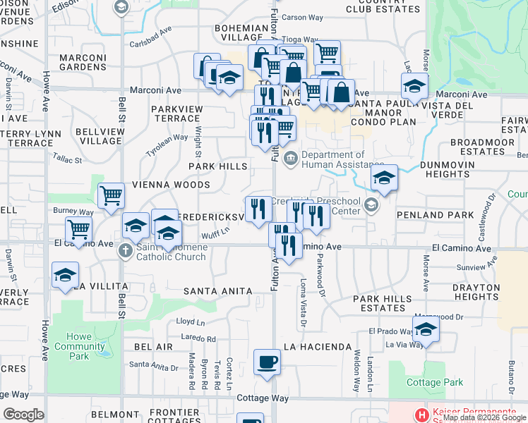 map of restaurants, bars, coffee shops, grocery stores, and more near 2621 Fulton Avenue in Sacramento