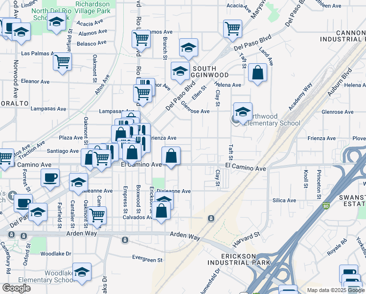 map of restaurants, bars, coffee shops, grocery stores, and more near 1017 Frienza Avenue in Sacramento