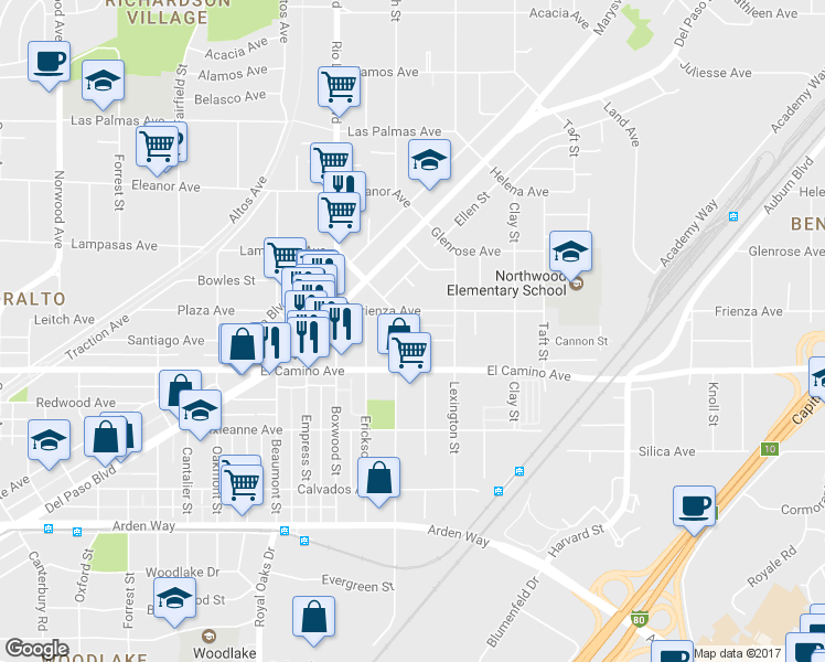 map of restaurants, bars, coffee shops, grocery stores, and more near 1017 Frienza Avenue in Sacramento
