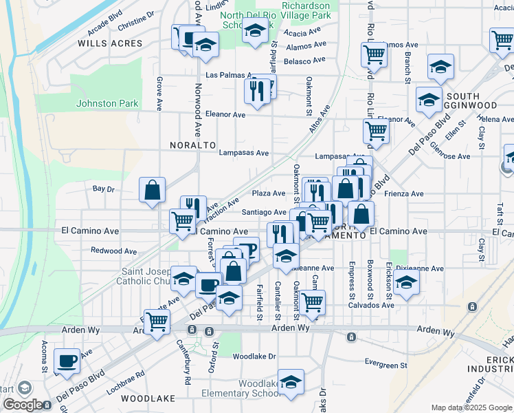 map of restaurants, bars, coffee shops, grocery stores, and more near 615 Plaza Avenue in Sacramento