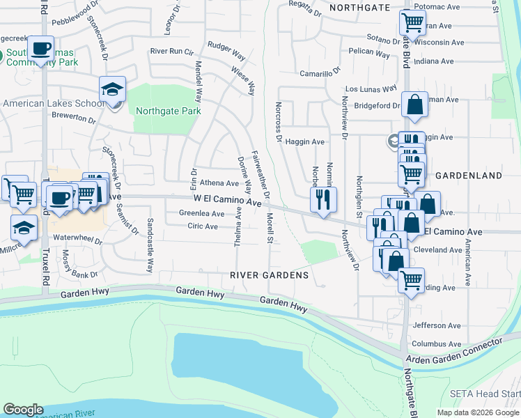 map of restaurants, bars, coffee shops, grocery stores, and more near 2604 Dorine Way in Sacramento