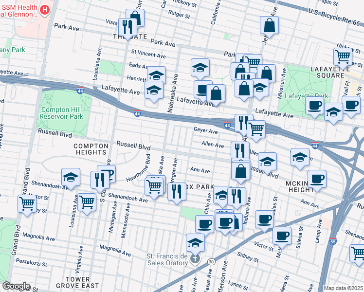 map of restaurants, bars, coffee shops, grocery stores, and more near 1921 California Avenue in St. Louis