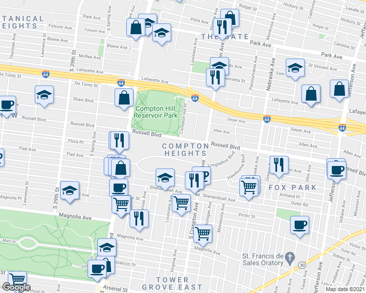 map of restaurants, bars, coffee shops, grocery stores, and more near 3323 Russell Boulevard in St. Louis