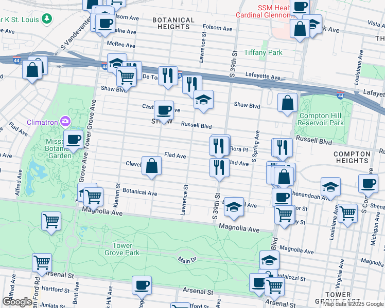 map of restaurants, bars, coffee shops, grocery stores, and more near 4012 Flora Place in St. Louis