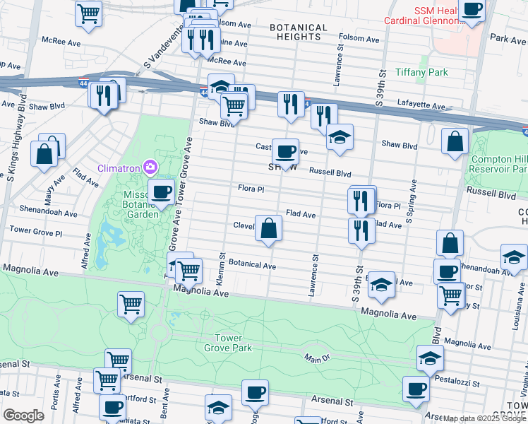 map of restaurants, bars, coffee shops, grocery stores, and more near 4122 Flora Place in St. Louis