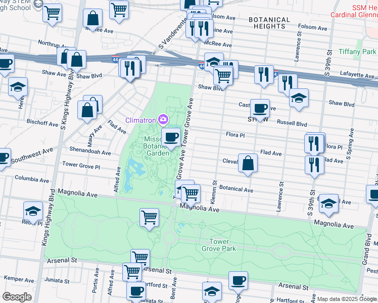 map of restaurants, bars, coffee shops, grocery stores, and more near 4261 Flad Avenue in St. Louis