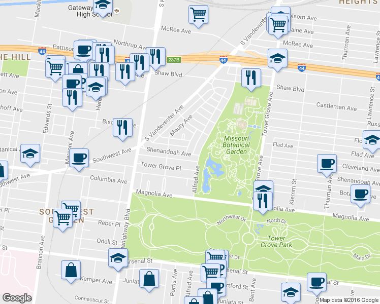 map of restaurants, bars, coffee shops, grocery stores, and more near 4514 Cleveland Avenue in St. Louis
