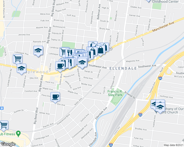 map of restaurants, bars, coffee shops, grocery stores, and more near 7260 Southwest Avenue in Maplewood