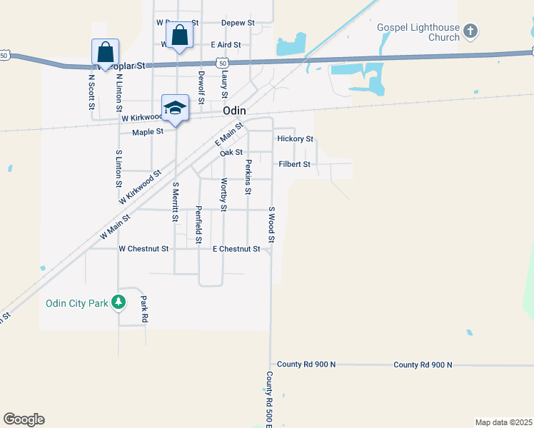 map of restaurants, bars, coffee shops, grocery stores, and more near 401 South Wood Street in Odin