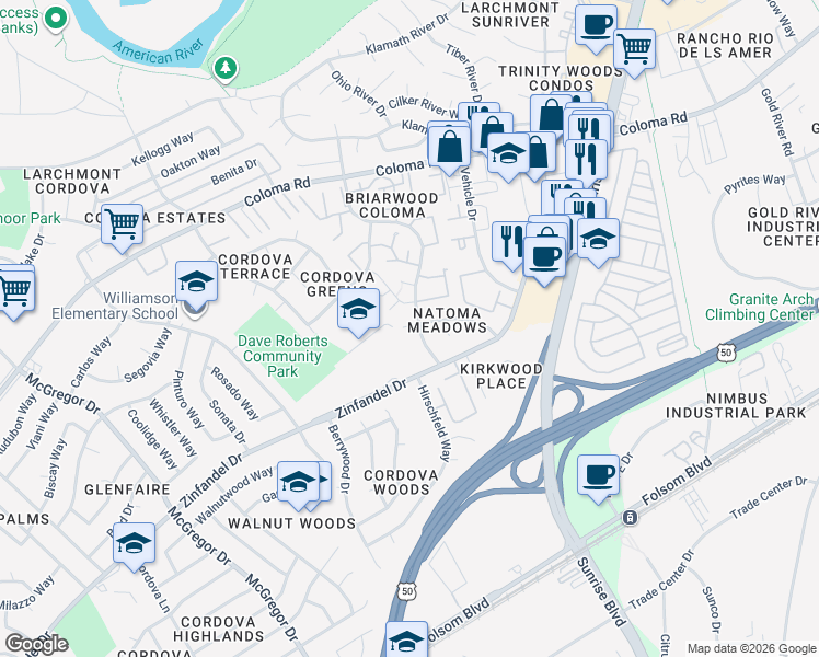 map of restaurants, bars, coffee shops, grocery stores, and more near 11024 Autumnwind Lane in Rancho Cordova