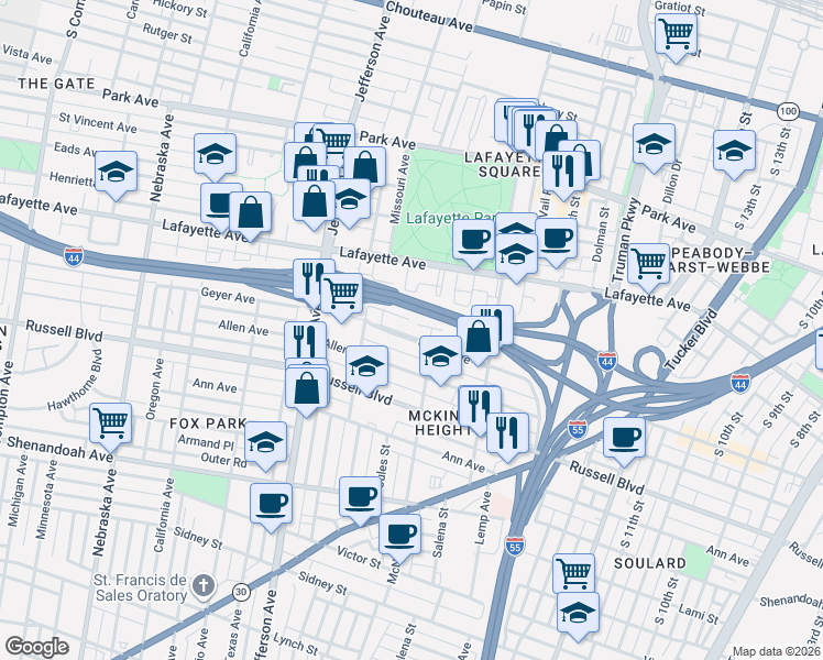 map of restaurants, bars, coffee shops, grocery stores, and more near 1751 Waverly Place in St. Louis