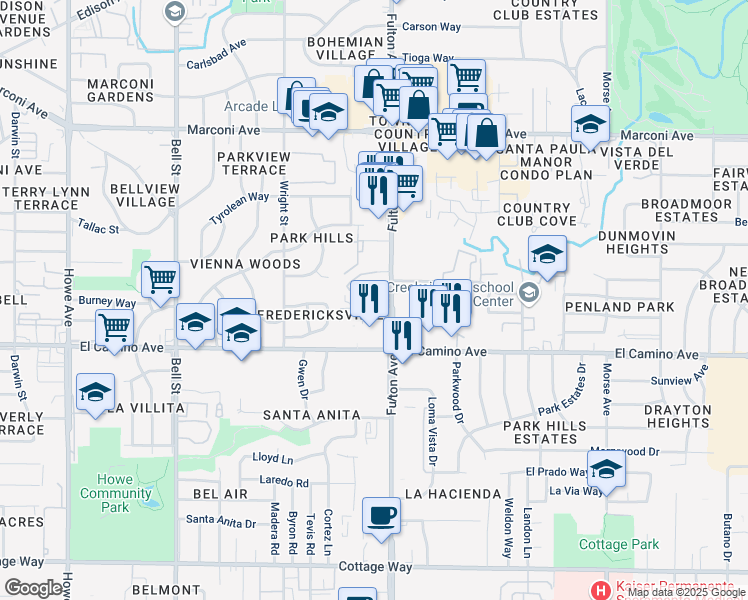 map of restaurants, bars, coffee shops, grocery stores, and more near 2545 Fulton Avenue in Sacramento