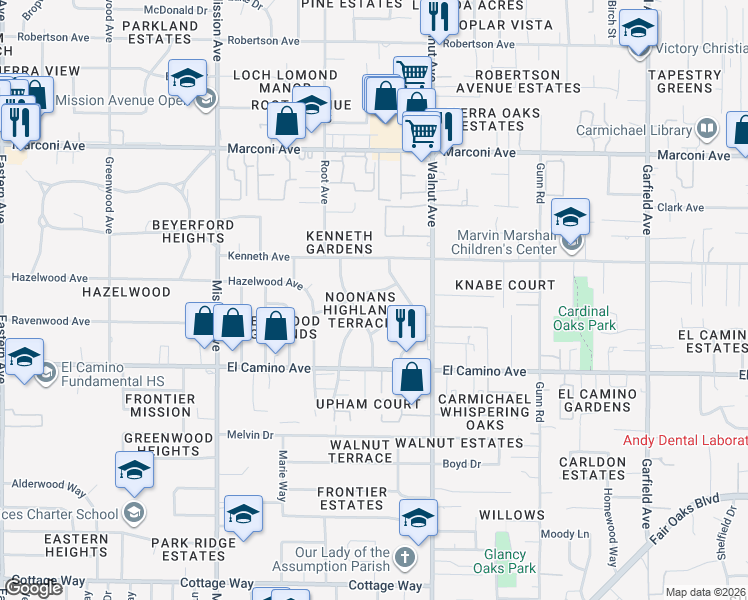 map of restaurants, bars, coffee shops, grocery stores, and more near 4971 Francis Way in Carmichael