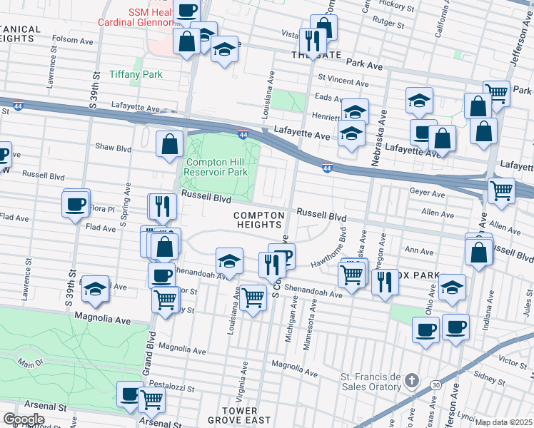 map of restaurants, bars, coffee shops, grocery stores, and more near 3304 Russell Boulevard in St. Louis