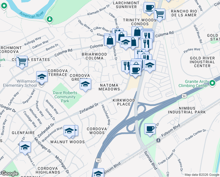 map of restaurants, bars, coffee shops, grocery stores, and more near 11046 Autumnwind Lane in Rancho Cordova