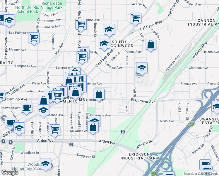 map of restaurants, bars, coffee shops, grocery stores, and more near 1101 Frienza Avenue in Sacramento