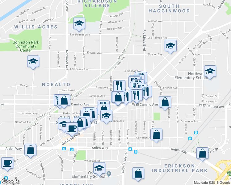 map of restaurants, bars, coffee shops, grocery stores, and more near 704 Plaza Avenue in Sacramento