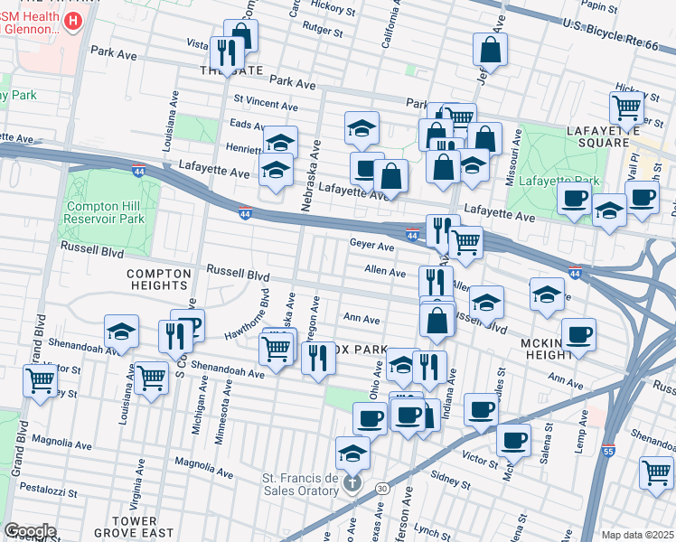 map of restaurants, bars, coffee shops, grocery stores, and more near 1921 California Avenue in St. Louis