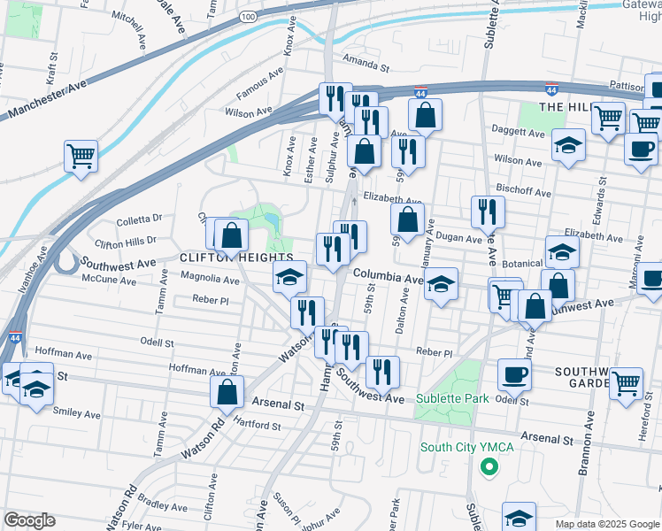 map of restaurants, bars, coffee shops, grocery stores, and more near 2515 Hampton Avenue in St. Louis
