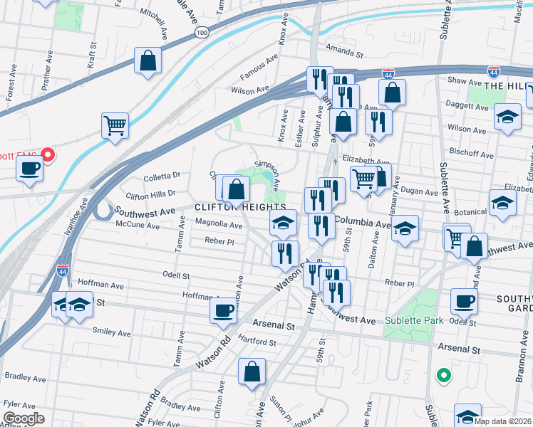 map of restaurants, bars, coffee shops, grocery stores, and more near 6100 Simpson Avenue in St. Louis