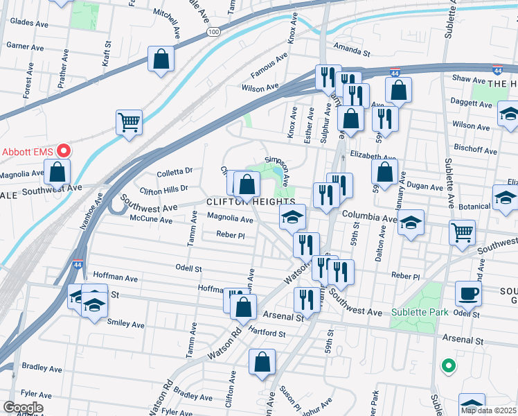 map of restaurants, bars, coffee shops, grocery stores, and more near 6165 Columbia Avenue in St. Louis