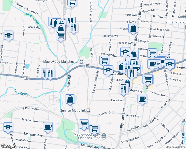 map of restaurants, bars, coffee shops, grocery stores, and more near 7844 Manchester Road in Maplewood