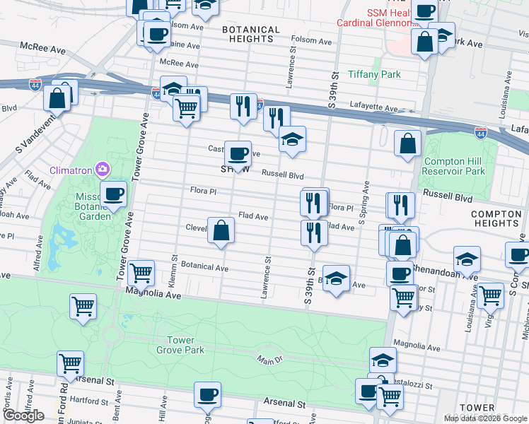 map of restaurants, bars, coffee shops, grocery stores, and more near 4012 Flora Place in St. Louis