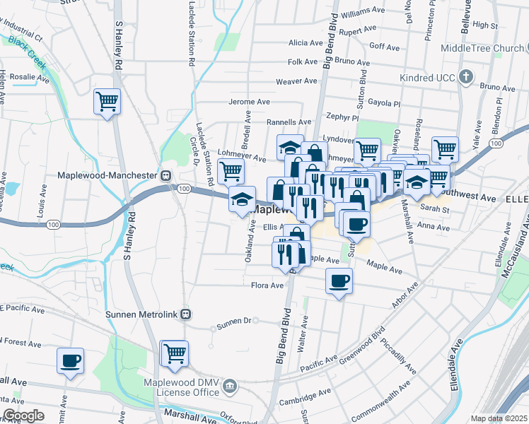 map of restaurants, bars, coffee shops, grocery stores, and more near 2700 Oakland Avenue in Maplewood