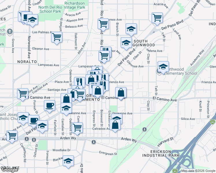 map of restaurants, bars, coffee shops, grocery stores, and more near in Sacramento