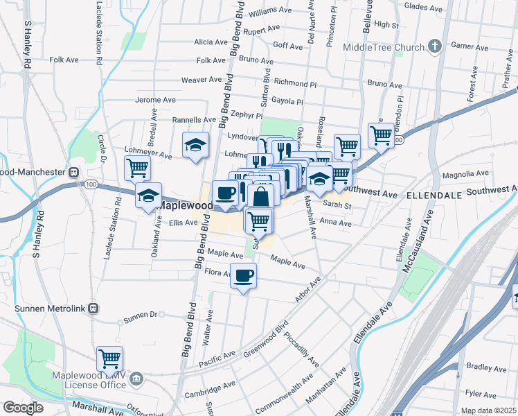 map of restaurants, bars, coffee shops, grocery stores, and more near 7402 Manchester Road in Maplewood