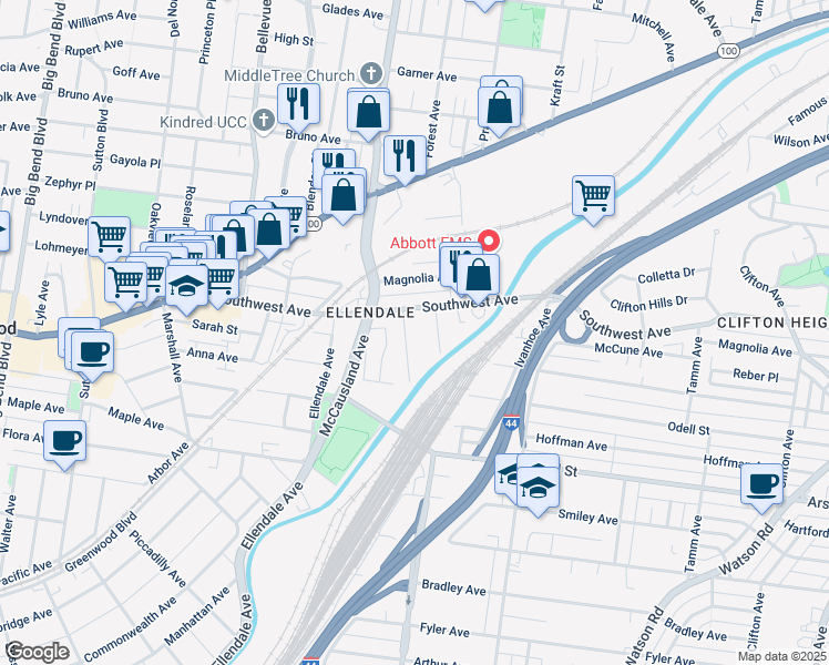 map of restaurants, bars, coffee shops, grocery stores, and more near 6870 Southwest Avenue in St. Louis