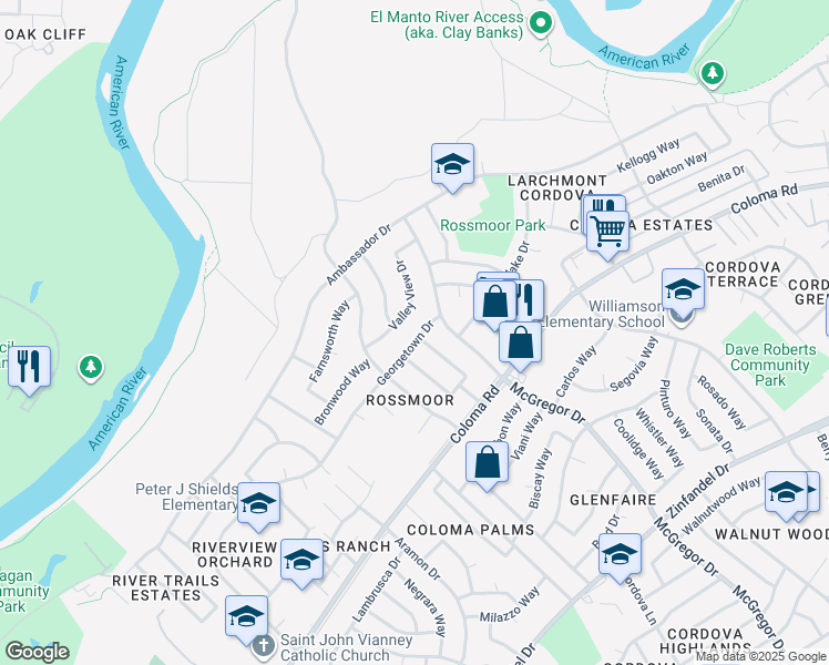 map of restaurants, bars, coffee shops, grocery stores, and more near 10636 Valley View Drive in Rancho Cordova