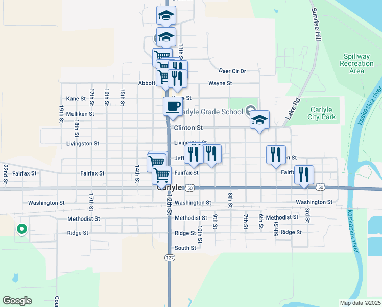map of restaurants, bars, coffee shops, grocery stores, and more near 790 11th Street in Carlyle