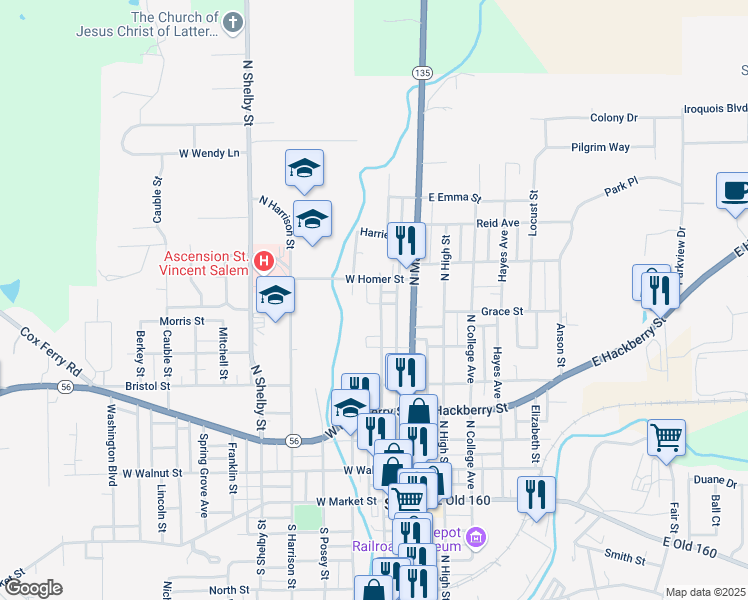 map of restaurants, bars, coffee shops, grocery stores, and more near W Homer St in Salem