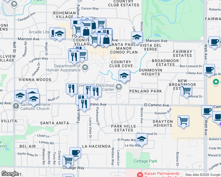 map of restaurants, bars, coffee shops, grocery stores, and more near 2828 Elvyra Way in Sacramento
