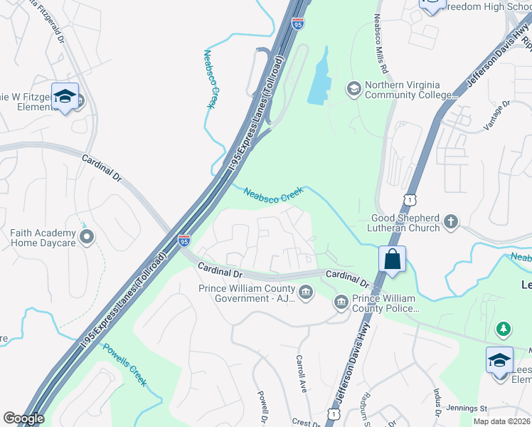 map of restaurants, bars, coffee shops, grocery stores, and more near 15668 Mendoza Lane in Woodbridge