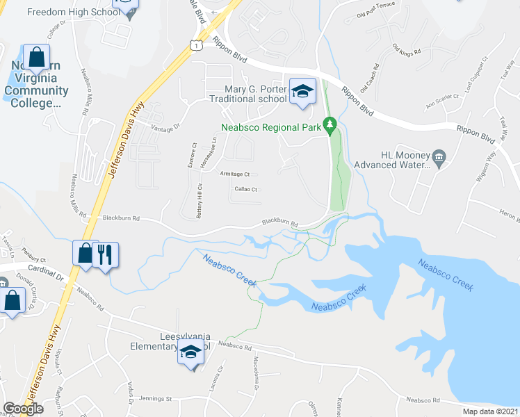map of restaurants, bars, coffee shops, grocery stores, and more near 15696 William Bayliss Court in Woodbridge