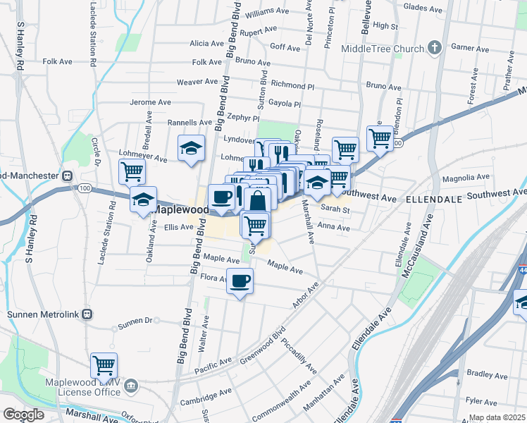 map of restaurants, bars, coffee shops, grocery stores, and more near 7402 Manchester Road in Maplewood